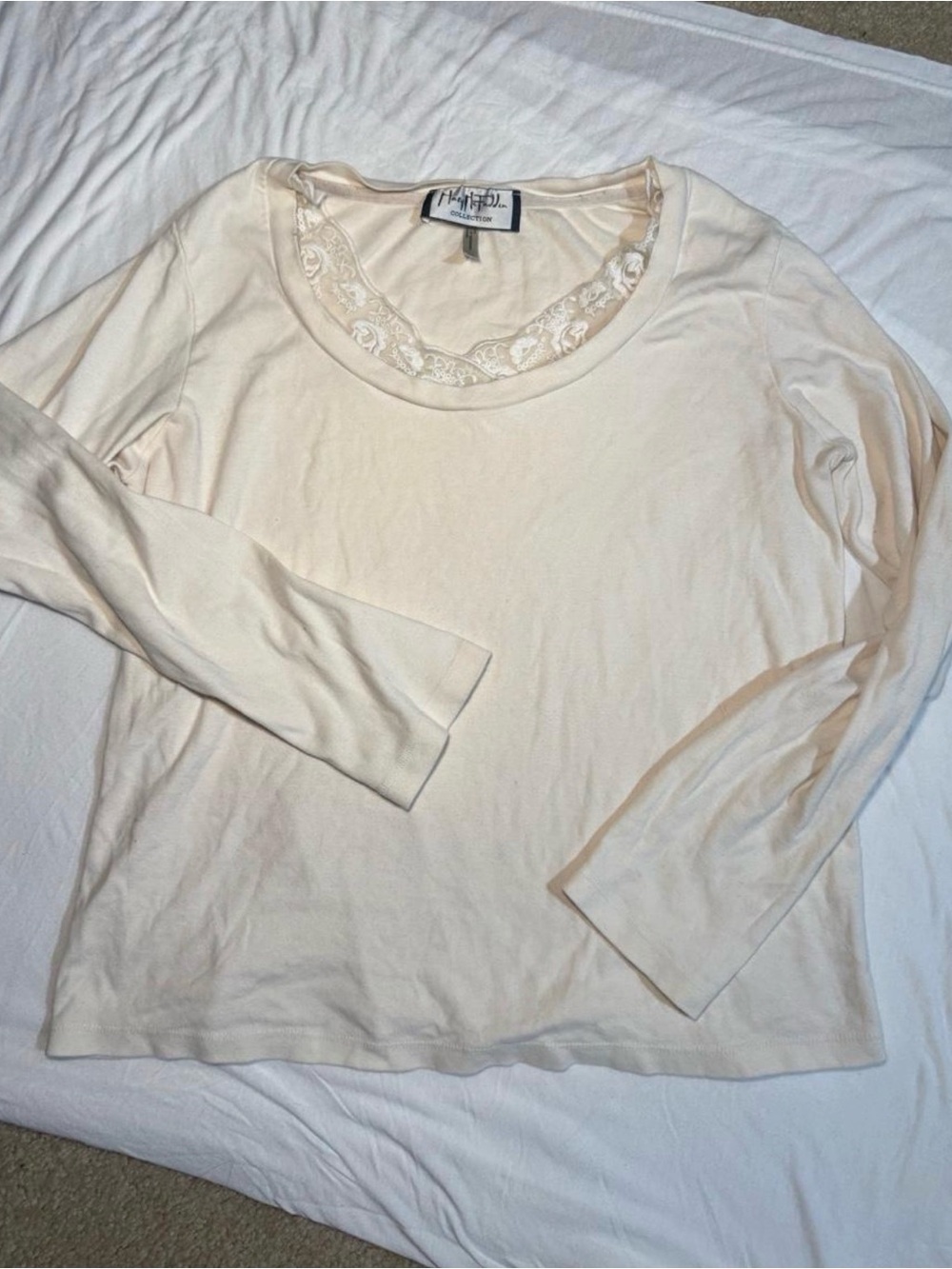 Mary McFadden Cream Long Sleeve Lace-Trim Tee